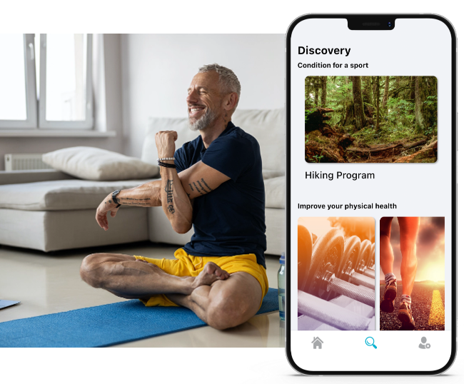 man doing yoga stretches with whel app